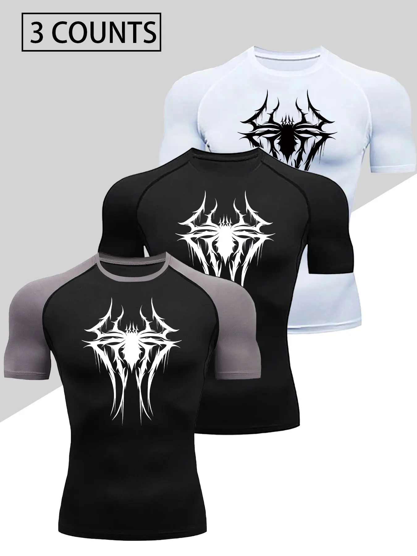 Men'S Fitted Short Sleeve Sports Compression Shirt Gym Workout Tee, Fitness Top, Spider print design, High Elasticity, Breathable Polyester And Spandex Blend, Round Neck, Ideal for Muscle Group, Machine Washable