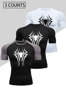 Men'S Fitted Short Sleeve Elite Sports Compression Shirt Gym Workout Tee - Spider print design, High Elasticity, Breathable Polyester And Spandex Blend, Round Neck, Opaque - Ideal for Muscle Group, Machine Washable