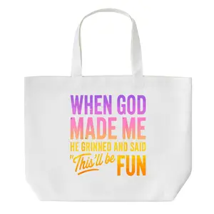 When God Made Me He Grinned And Said This'll Be Fun Tote Bag Reusable Canvas Shopping Bag for Christian Believers Grocery Travel Daily Use