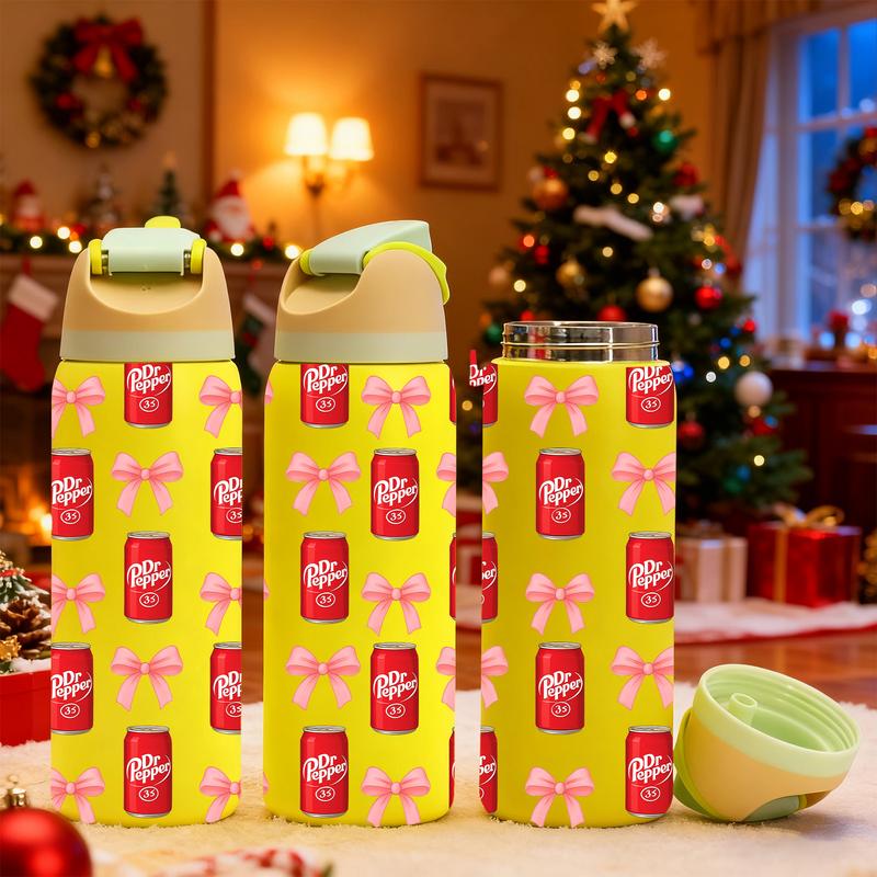 AuraCup 1pc 19/24/32oz Insulated Tumbler with Lid and Straw, Cute Dr Pepper Can and Pink Bow Pattern, Double Wall Leakproof Stainless Steel Water Bottle for Hot & Cold Drinks, TikTok Trending Aesthetic Cup, Perfect Gift for Girls, Teens, Friends, Daughter