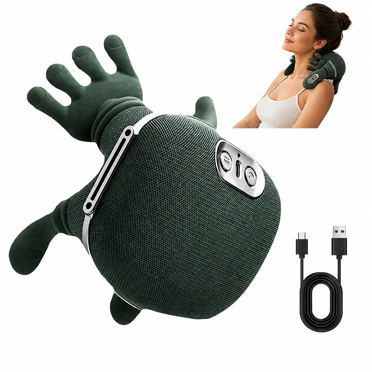 Heated Shoulder and Neck Massager, 4D Finger-Like Kneading Massage, Palm-Simulated Muscle Relaxation Massager, Green