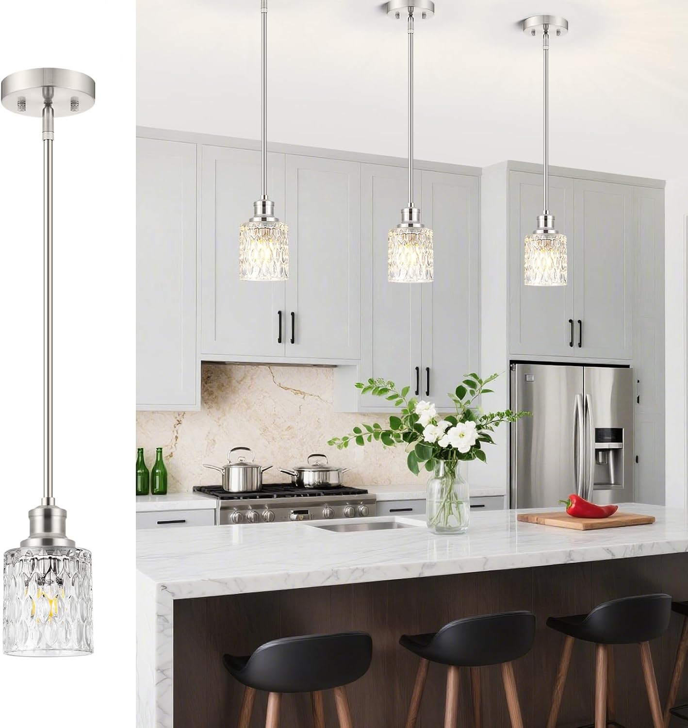 Glass Pendant Lights Kitchen Island, 1-Light Modern Brushed Nickel Mini Pendant with Drum Glass & Rods, Mini Hanging Light for Kitchen Sink Dining Room Bathroom         ？ ？