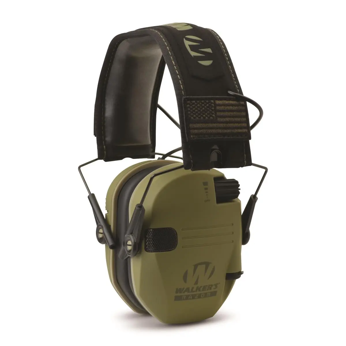 Walkers Razor Patriot Electronic Earmuffs, Ultra-Low Profile Design with Rubberized Coating and US Flag Patches, Low Noise Frequency for Natural Sound Clarity, Compact Fold, Audio Input Jack, Dark Green, Gadget Lovers, High Quality Construction, Headsets,