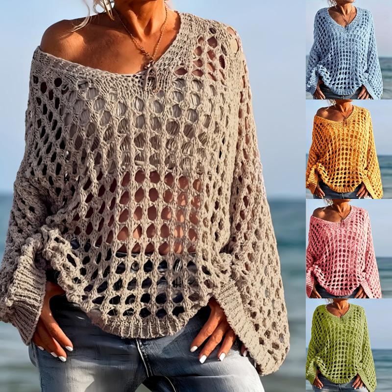Women's Boho Crochet Oversized Sweater - Sexy Hollow Out V-Neck Mesh Knit Pullover Beach Cover Up, Lightweight Loose Batwing Sleeve Summer Jumper