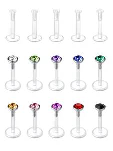 15PCS 16G Clear Push Top Piercing Retainers Earrings For Work, Bioflex Lip Rings Labret Helix Tragus Medusa Monroe Retainer For Women Men 6-12mm Bar Length Vertical Labret Jewelry