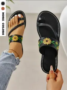 Women's Fashionable Floral Embroidery Design Slide Sandals, Casual Trendy Sandals, Casual Comfortable Flat Sandals for Beach, Fashion Shoes for Party, Daily Clothing Decor, Footwear