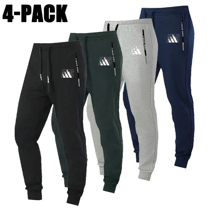 4-Pack Men’s Athletic Jogger Sweatpants – Elastic Waist with Drawstring, Cuffed Design, Secure Zippered Pockets; Soft, Breathable Casual Track Pants for Training, Running, Outdoor Use, and Everyday Home Wear; Multi-Color Set