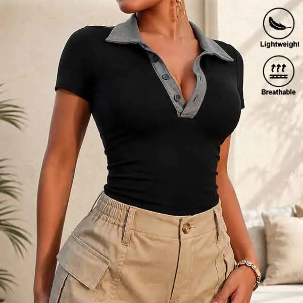 Women’s V-neck Polo shirt, short sleeves, color-block design, button placket, slim fit, casual top, lightweight, breathable