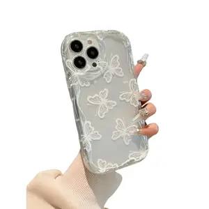 Elegant White Lace Butterfly Cream Wavy Edge Phone Case for iPhone 17 16 15 14 12 11 13 Pro Max Plus Pro Air Shockproof Camera Protection TPU Soft Cover Clear Print Protective Casing