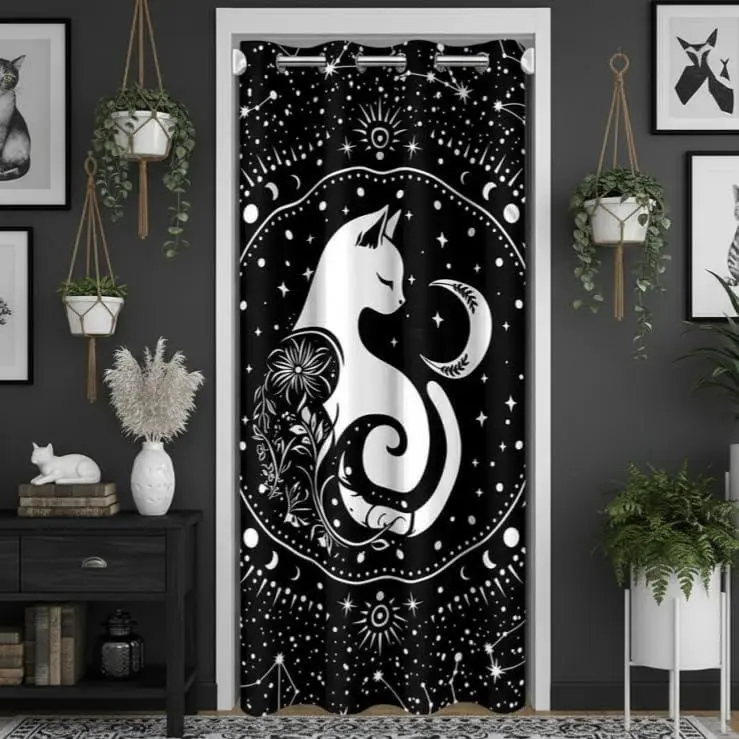 Cartoon Cat Door Curtain Doorway Privacy,Floral Animal Moon Stars Bohemia Room Divider,Starry Sky Insulated Closet Curtain Bedroom Closet Door,1 Panel