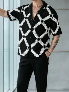 Men's Plaid Knit Shirt, Cuban Neck Short Sleeve Top, Loose-Fitting Casual Wear, Breathable Vacation Style Open Front Jacket, Knitted, Casual Stylish