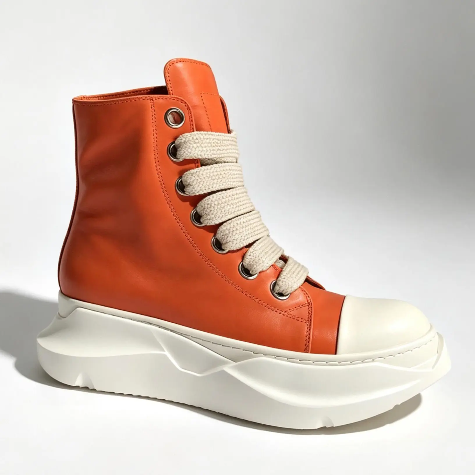Men‘s and Women‘s runway designer composite bottom retro shoes round white toe ro high top height increasing cowhide ankle boots luxury jumbo shoelaces casual zipper genuine leather trainers