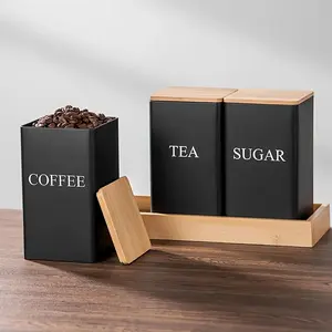 Coffee Tea Sugar Storage Box Set, 3 Counts/set Metal Storage Box with Wooden Tray, Kitchen Storage Organizer for Home Office