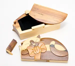 Carver Dan's Handcrafted Cat with Bow Puzzle Box