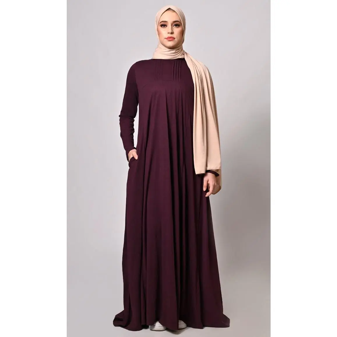 Flowing Elegance: Wine Flared Abaya With Pockets