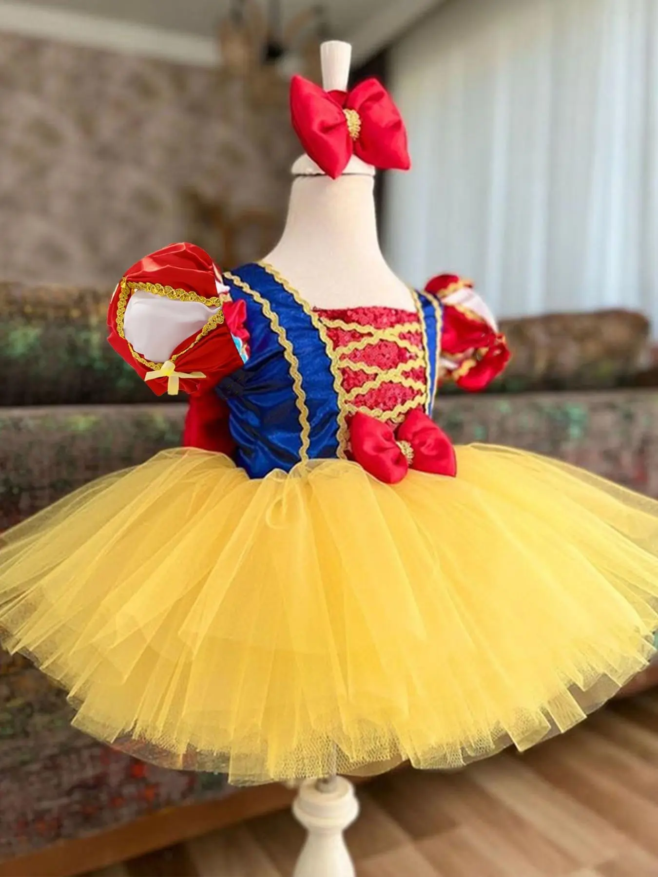 Baby Girl's Colorblock Bow Decor Contrast Mesh Fit & Flare Dress, Cute Puff Sleeve Square Neck Dress for Party Baby Shower, Infant Toddler Kids Summer Clothes, Baby Clothing, Toddler Summer Dresses