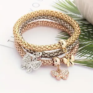 3pcs Stylish And Simple Shiny Rhinestone Heart/Butterfly Charm Bracelets, Three-color Elastic Corn Chain Bracelet Set for arm jewelry