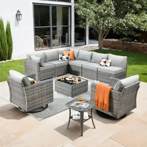 CAODOC 10 Pieces Patio Furniture Set with Swivel Chairs, Outdoor Wicker Sectional Sofa With Coffee Table, Modern Modular Deep Seat Rattan Couch Conversation Sets