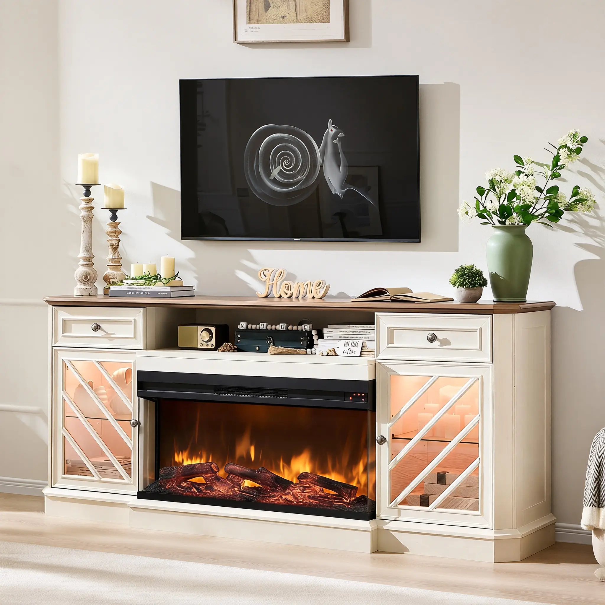 REDLEMON 75" Rustic Fireplace TV Stand - 36" Electric Insert Media Console with Storage Cabinets & Drawer, 85" TV Fits Indoor Entertainment Center