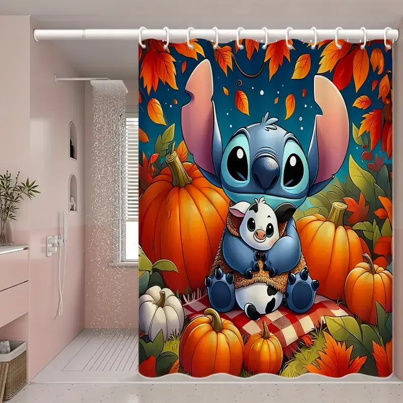 DISNEY CLASSIC Stitch Autumn Pumpkin Shower Curtain, Stitch Cartoon Character Bathroom Decor