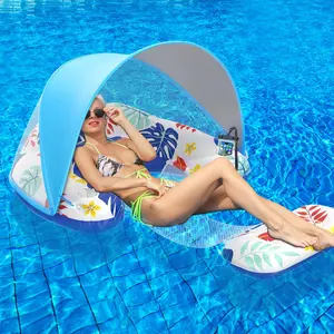 Pool Floats Adult with Adjustable Canopy, Inflatable Pool Float Chair with Cup and Drink Holder, Perfect for Swimming Pool Beach Lake Party, Leisure Pool Toys for Beach Essentials, Gift