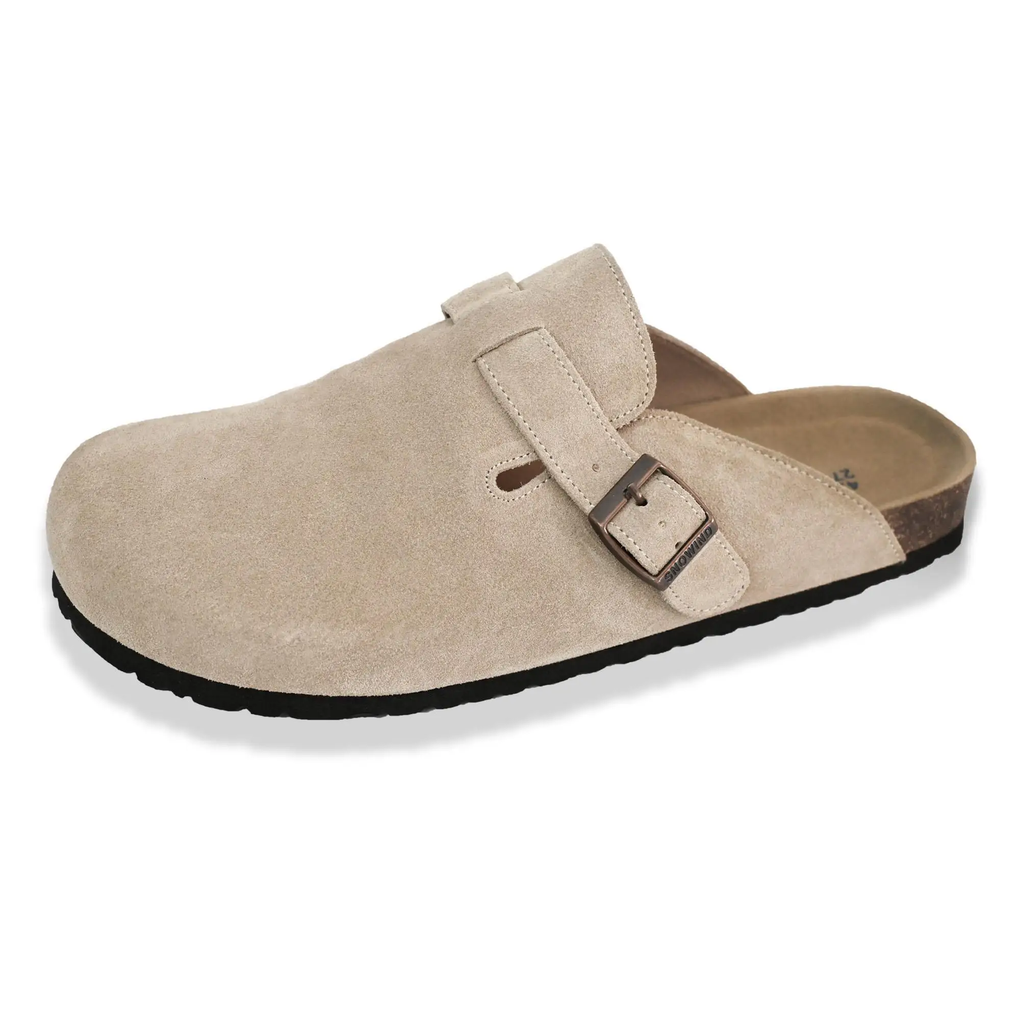 Snowind Women Men Round Toe Cork Footbed Clogs with Adjustable Flat Buckle, Suede Texture, and Casual Outdoor Slip-On Design