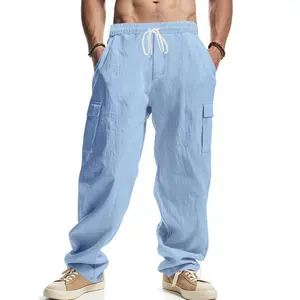 Men's Fall Outfits Linen Cargo Pants for Daliy Wear with Multi-Pocket Design, Old Money Elastic Waist with Drawstring, Casual Workwear, Skin-Friendly, Must-Have for Men's Wardrobe