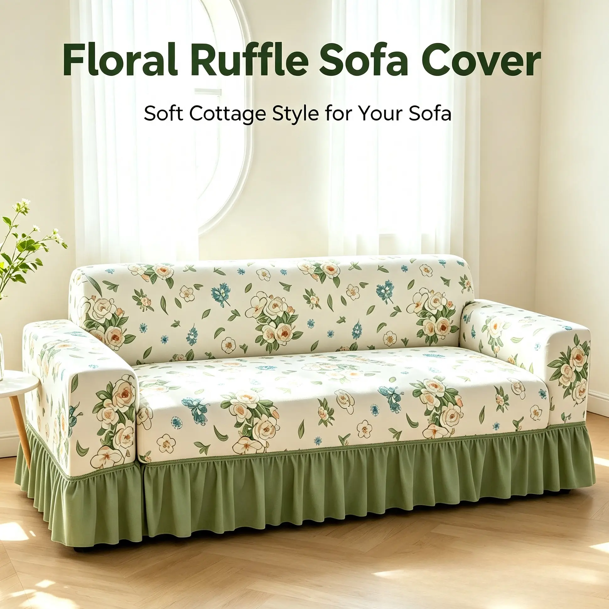 Rural floral pattern dust-proof sofa cover, with ruffled hem skirt sofa cover, rural style all inclusive sofa cover, suitable for farmhouse style home decoration in living rooms and apartments, an essential    sofa cover for ins style home decor