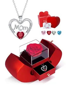 Heartprint of Motherly Love Original MOM luxury premium heart-shaped gem necklace.Paired with an apple-shaped preserved rose jewelry gift box.Ideal gift for birthdays, Mother’s Day, Valentine’s Day and Christmas.