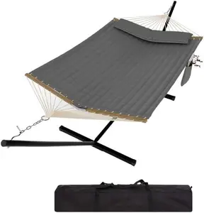 Gaomon 2-Person Large Size Poly-Cotton Heavy Duty Outdoor Hammock with Tool-Free Stand, Portable Design, Carrying Bag, Soft Pillow, Balance Ropes, Breathable for Patio, Backyard
