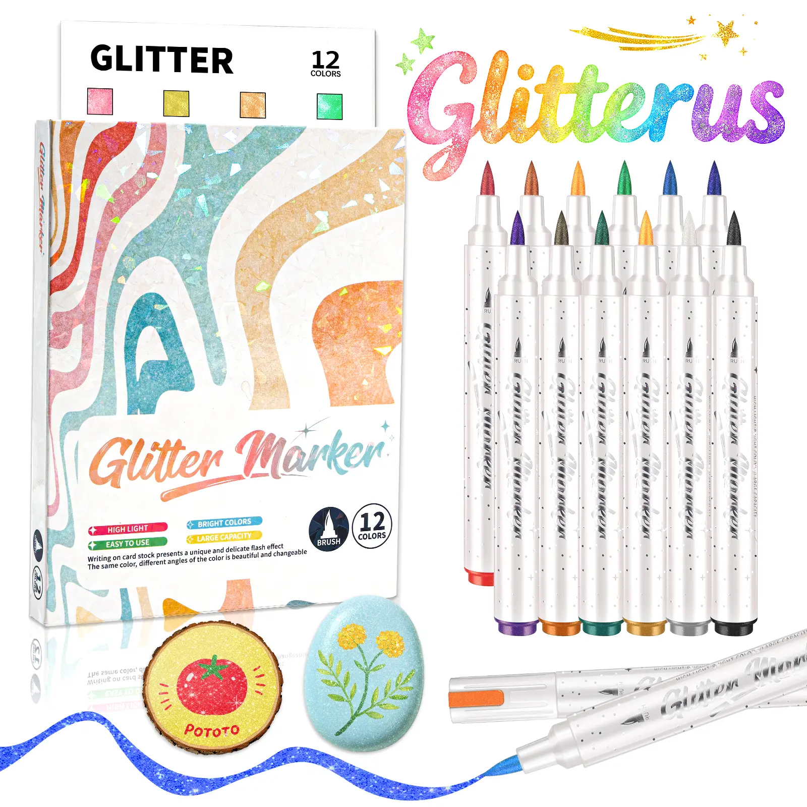 Glitterus Jumbo Bright Glitter Markers & Daubers 12 Packs - 1mm-8mm Adjustable 3x Extra Large Ink Capacity Fiber Brush Nib, Unisex Adult Art Supplies for Drawing, Labeling, Art for Kids, Office Stationery, Summersale, tiktokshopbacktoschool