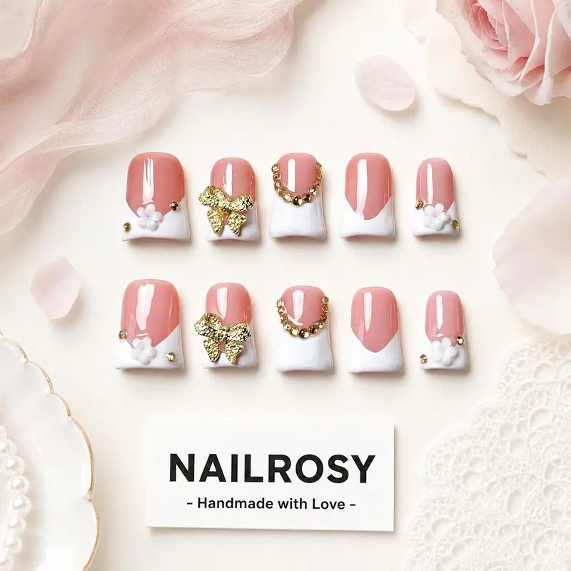 10Pcs Handmade Press on Nails.duck nails white Premium pink nude French nails with 3D florals, gold bows and sparkling rhinestones, glossy smooth handmade finish.