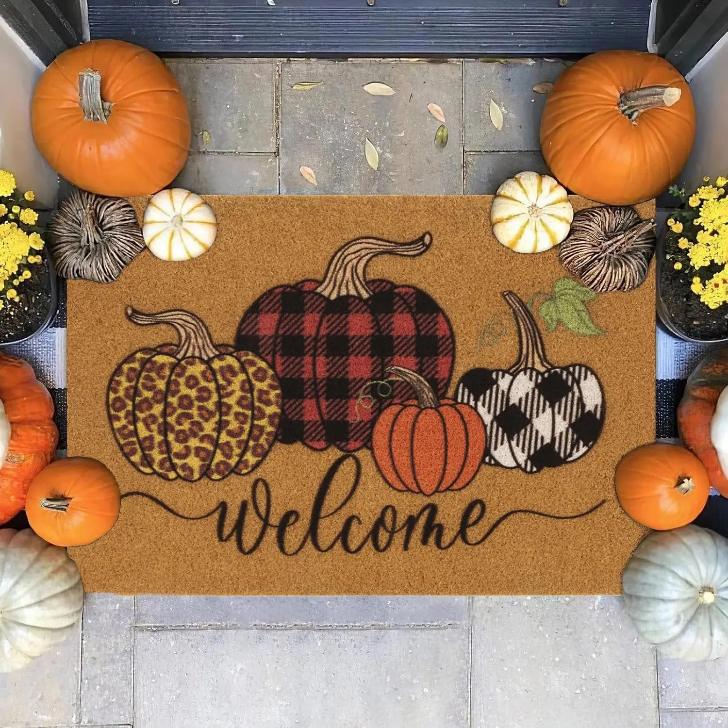 Pumpkin Welcome Coir Door Mat, Halloween Fall Outdoor Indoor Entryway Mat, Non-Slip Rubber Backing, 17 x 30 Inch