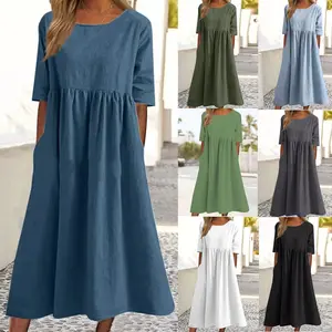 New summer women's long dress, cotton-linen casual long dress, short-sleeved loose-fitting round-neck dress with pockets, comfortable home wear long dress