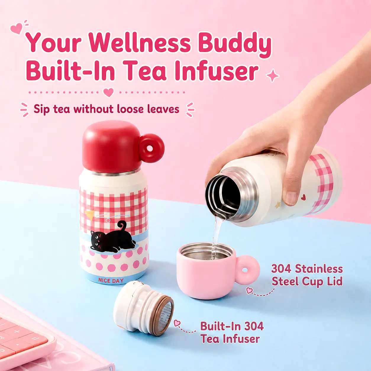 MINISO Go Play Series 304 Stainless Steel Insulated Water Bottle - 610mL/21oz Leakproof Thermos with Handle, Coffee Tumbler for School, Travel - Hot & Cold Drinks Flask for Students #Summervibes Back To School
