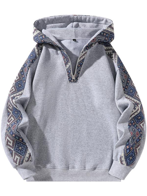Men's Ethnic Pattern Color Block Hoodie Long Sleeve Quarter Zip Pullover Sweatshirt for Casual Wear emo outfits Grey Stylish Menswear