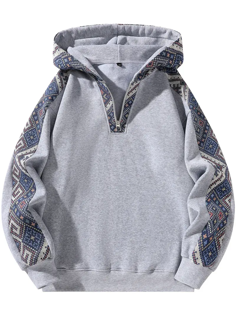 Men's Ethnic Pattern Color Block Hoodie Long Sleeve Quarter Zip Pullover Sweatshirt for Casual Wear emo outfits Grey Stylish Menswear