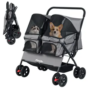 COSTWAY - Foldable Double Pet Stroller with Adjustable Sunshade and Storage Basket-Gray COSTWAY - Foldable Double Pet Stroller with Adjustable Sunshade and Storage Basket-Gray