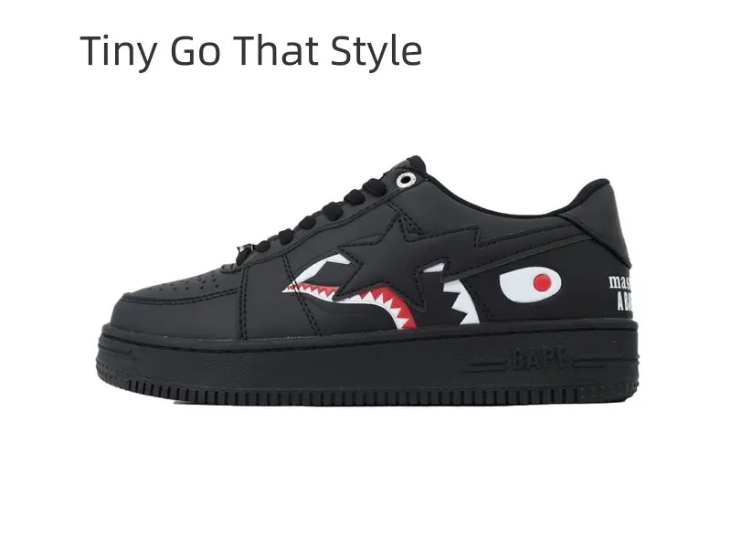 Unisex Couple Platform Skate Sneakers Total Black Woven PU Running Shoes Shark Mouth Cartoon Detail Chunky All Black Outsole Edgy Street Casual Trainers