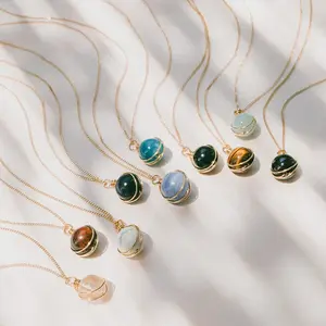vibecharm Handmade Wire-Wrapped Natural Stone Necklace with Colorful Planet Crystal Pendant, Stackable Aesthetic Funky Unique Accessories, Non-Tarnish Tarnish-Proof Jewelry, Perfect Gifts for Women Mother’s Day Present