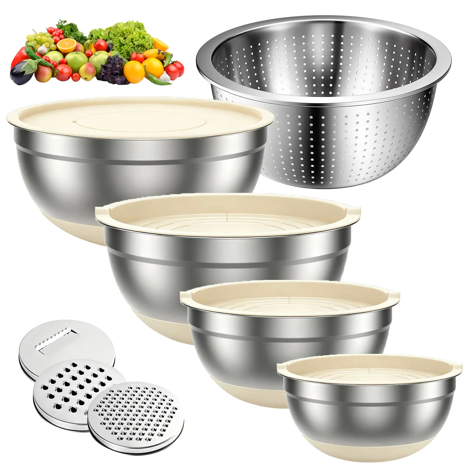 8 PCS BPA-Free Stainless Steel NON SLIP base Nesting Bowl Set With Colander, Airtight Lids, 3 Grater Attachments, 0.7-4.5 QT (2000+ ml) Anti-Spill Stackable Bowls Washable, Fast-Wiping, Drip-Free Pouring, Kitchenware for Baking, Everyday Use Tableware