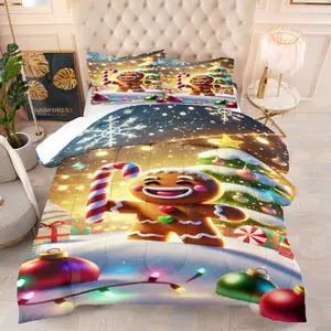 Christmas Cute Quilt/Comforter Set (2/3 Pcs): Includes 1 Quilt + 1/2 Pillowcases (No Filler), Gingerbread Man Snowman Penguin Christmas Decor Hotel Tent Family Apartment Bedroom Homestay Bed, for Kids, Couples, Family, Colleagues, Christmas Lovers