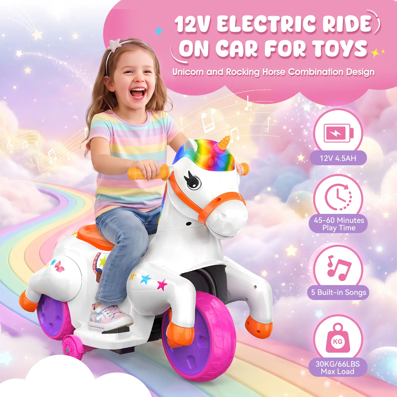 Akeleo 12V Electric Unicorn Ride-On Toy for Kids 3+,Balance Play,Cool Gift for Kids,Parent-child time,Multiple choices,Favorable for growth,Full of funRiding & Rocking Modes,Music,Forward/Reverse,Training Wheels,Gift for Kids
