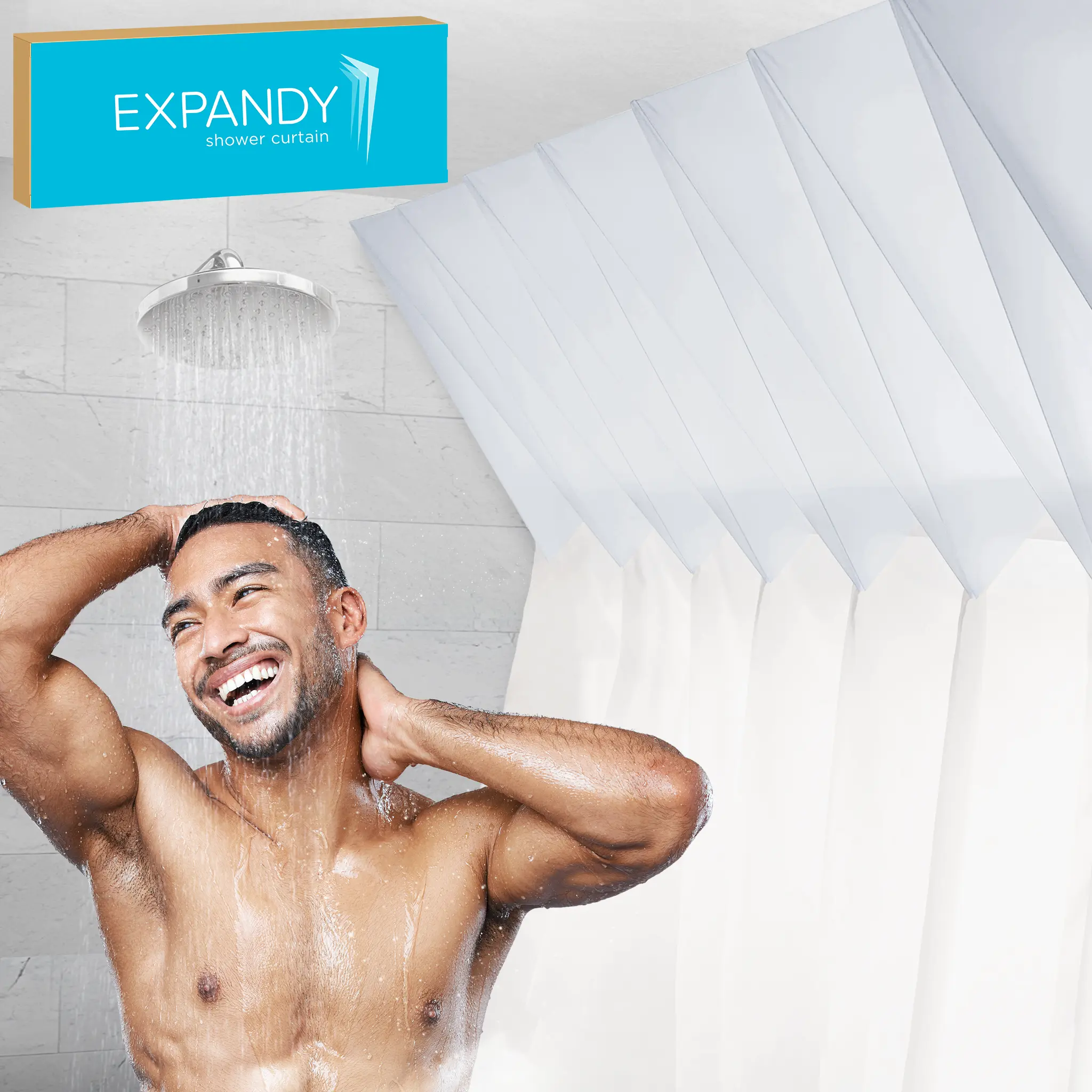 EXPANDY Shower Curtain Liner by SPACE. 4-in-1 Value Set: Expander + Pop-on Hoops + Machine Washable Liner + Splash Guards. Super Easy to Install. Adjustable Length 74-80"L
