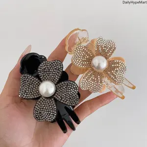 Women's Korean-Style Rhinestone 4-Leaf Clover Hair Claw, Fashion Bun Hair Clip Accessory