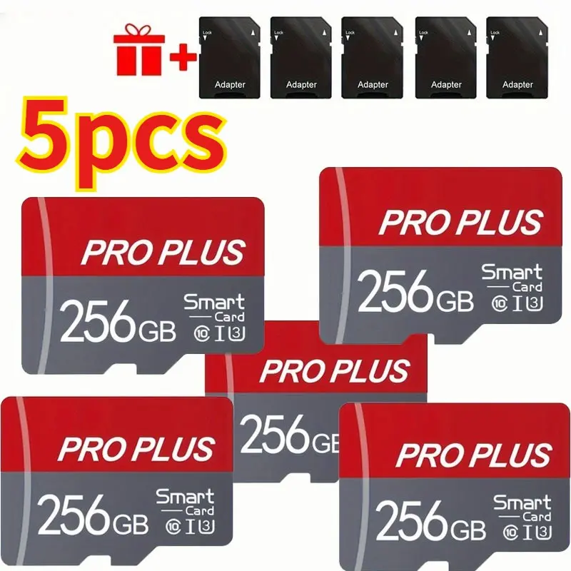 5-Pack 256GB TF Micro SD SDXC Memory Cards, UHS-I Class 10 A1 High Speed, Secure Storage, Includes Pro Plus SD Adapter, Compatible with Tablets, Cameras, Smartphones & Game Consoles