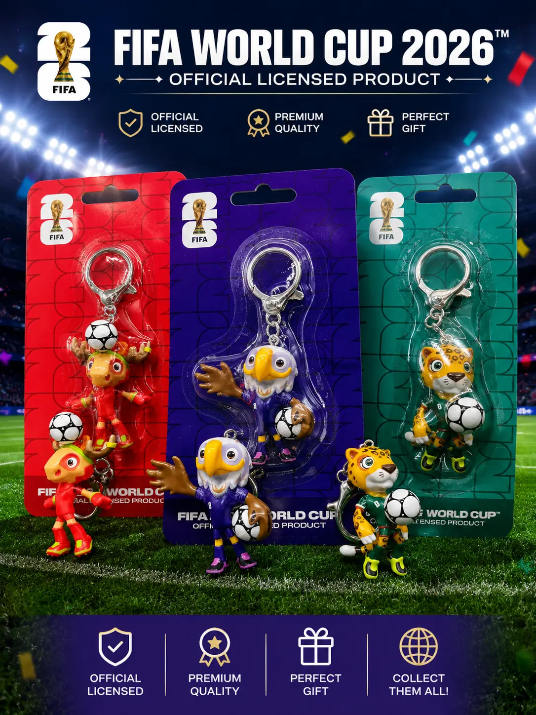 【 Set of 3 Keychain 】FIFA World Cup 2026 Officially Licensed Mascot Keychain,Collectible Bag Charms,Football fan gift, soccer collectible gift