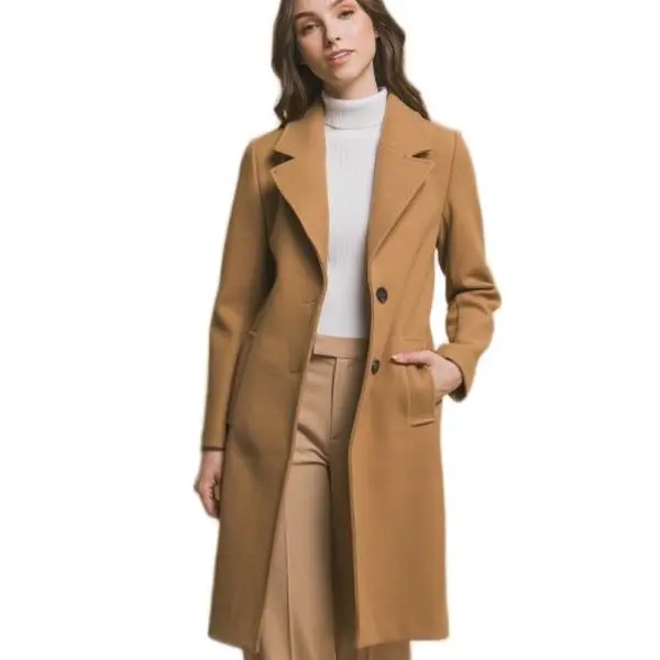 Longline Notch Lapel Coat Camel - Stylish Women's Overcoat with Classic Design and Warm Comfort