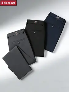 3-Pack Men's High-Stretch Straight Fit Business Pants, Wrinkle-Resistant, Non-Iron, Breathable, All-Season, Multi-Color, Formal Trousers for Office & Casual Wear