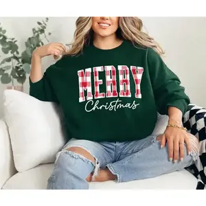 Merry Christmas sweatshirt, Buffalo checkered Christmas round neck, women's cute holiday sweater, creative family Christmas gift, winter clothingRAIMENTRY